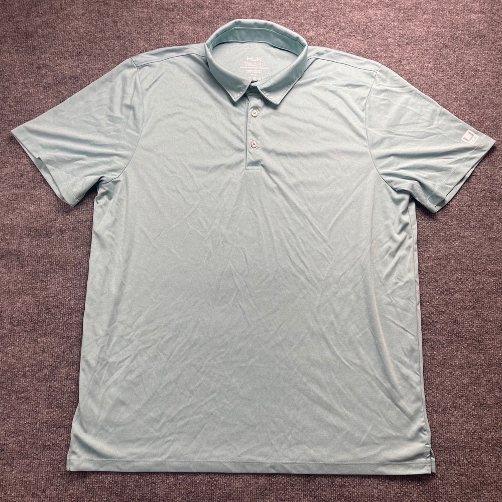 Huk Mens Performance Polo Shirt XL Light Blue Heather Short Sleeve Fishing Golf